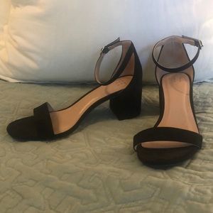 Black open toed block heels